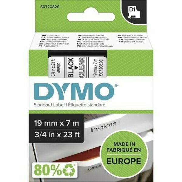 Dymo Label Tape, f/DYMO Labelmakers, 3/4inx23ft , Black/Clear DYMS0720820